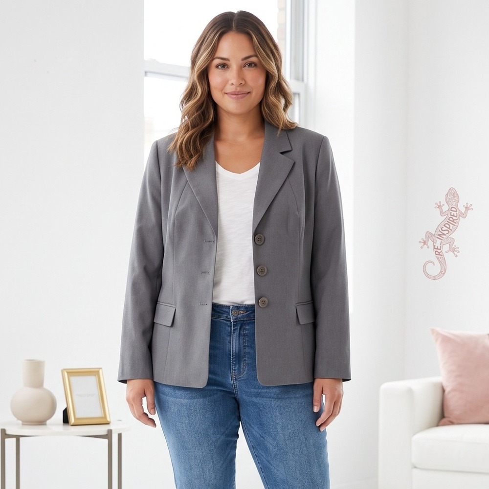 Le Suit Blazer Womens 16 Gray Three‎ Button Career Office Jacket NWOT 189MLEA